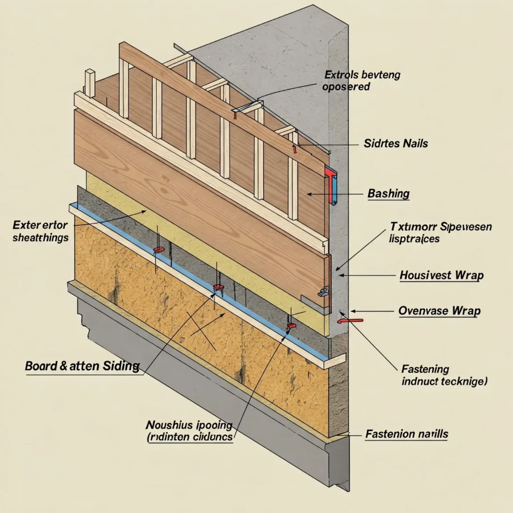 Diagram showing vertical boards and overlapping battens used in board and batten siding