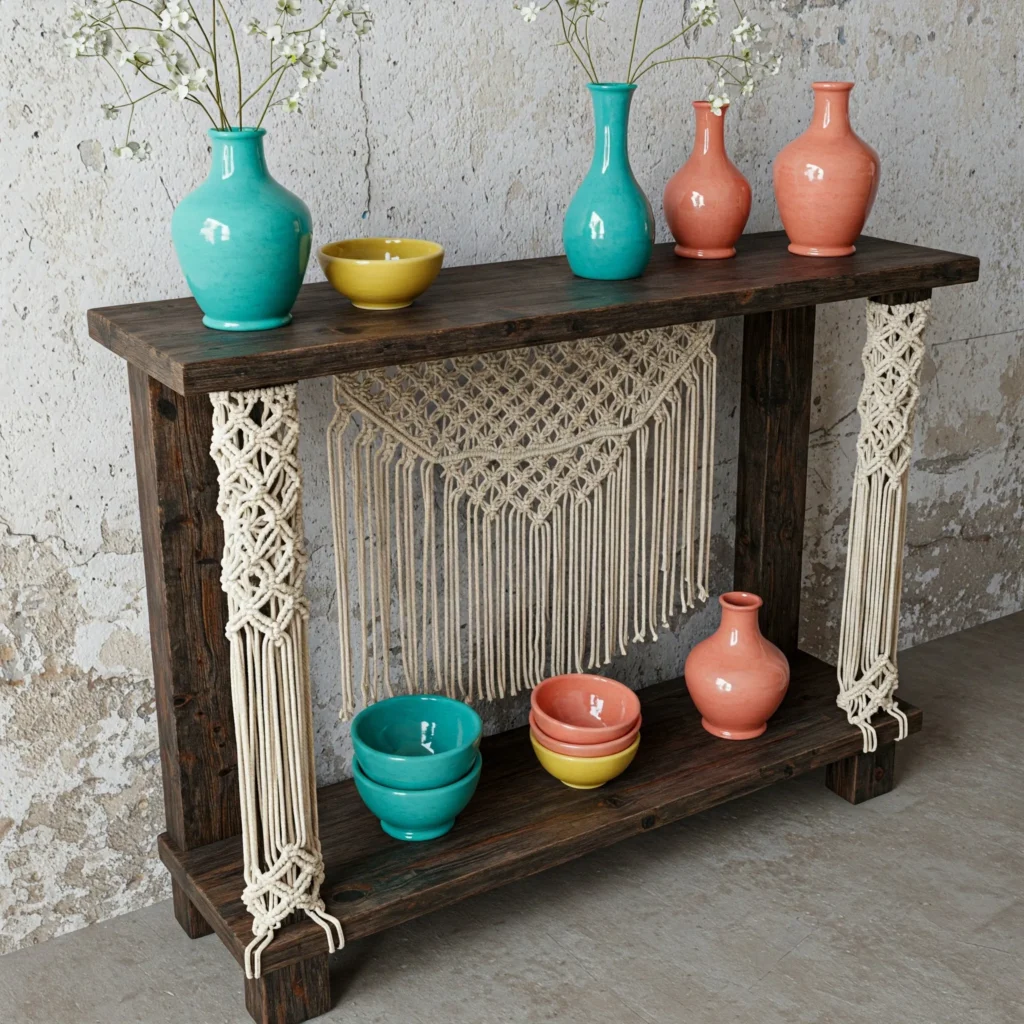 Bohemian Console Table: A bohemian-style console table featuring macrame accents and colorful ceramics.