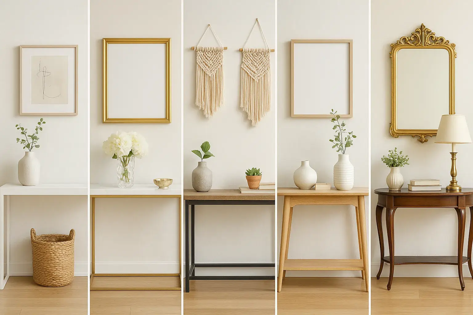 A high-resolution split image with six vertical panels, each showcasing a styled console table in an entryway or hallway. From left to right: a minimalist white table with a ceramic vase; a glamorous marble table with gold accents and a crystal vase; an industrial table with a black metal frame, reclaimed wood top, and concrete vase; a bohemian table with macrame wall hangings and colorful ceramics; a Scandinavian light wood table with white decor; and a traditional table with an ornate gold mirror and elegant decor. Each scene features natural lighting and a clean, magazine-like aesthetic.