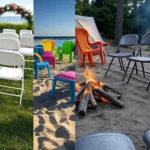 Split image of folding chairs in various settings: metal chairs at a wedding with a floral arch, colorful plastic chairs on a beach with a campfire, and padded chairs at a campsite near a tent, showcasing versatility for events and outdoor use.