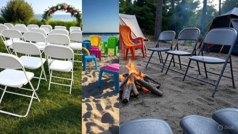 Split image of folding chairs in various settings: metal chairs at a wedding with a floral arch, colorful plastic chairs on a beach with a campfire, and padded chairs at a campsite near a tent, showcasing versatility for events and outdoor use.